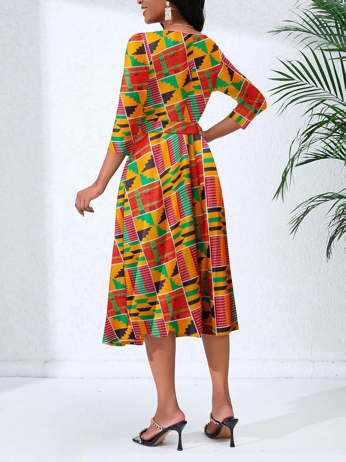 Women's Caual Midi Dress 3/4 Sleeve Crewneck A-line Swing Dress for Women with Belt for Wedding Guest & Cocktail Party
