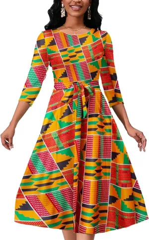 Women's Caual Midi Dress 3/4 Sleeve Crewneck A-line Swing Dress for Women with Belt for Wedding Guest & Cocktail Party