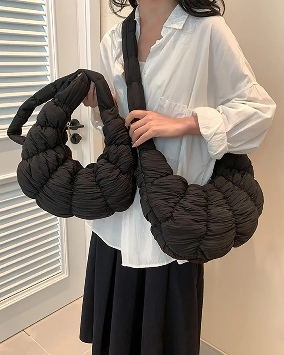 Women's Crescent Shoulder Crossbody Bag Bubble Cloud Handbag Summer Large Totes Pleated Dumpling Top Handle Purse