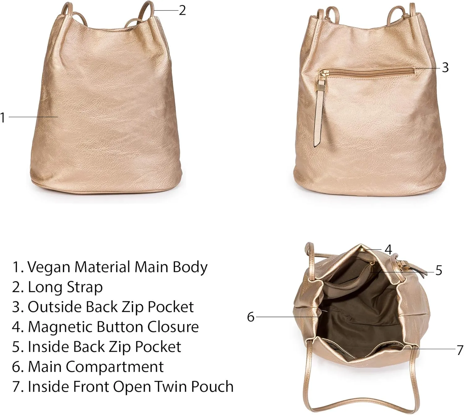 Women's Fashion Designer Medium Size Plain Soft Vegan Leather Hobo Bucket Tote Shoulder Bag - Delilah