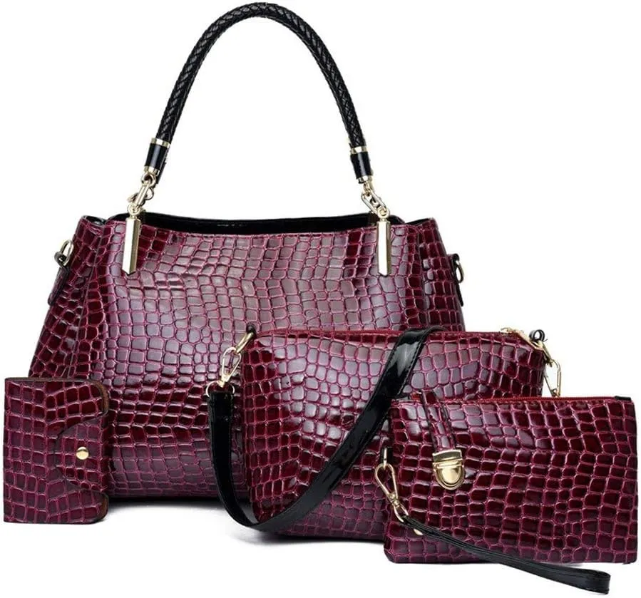 Women's Four-Piece Set Patent Leather Classic Stone Pattern Shoulder Handbag Luxury Lady Tote (Blue)