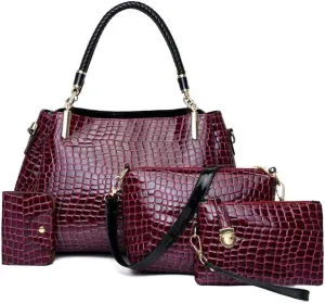 Women's Four-Piece Set Patent Leather Classic Stone Pattern Shoulder Handbag Luxury Lady Tote (Blue)