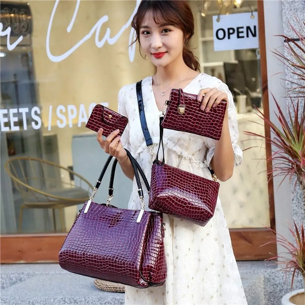 Women's Four-Piece Set Patent Leather Classic Stone Pattern Shoulder Handbag Luxury Lady Tote (Blue)
