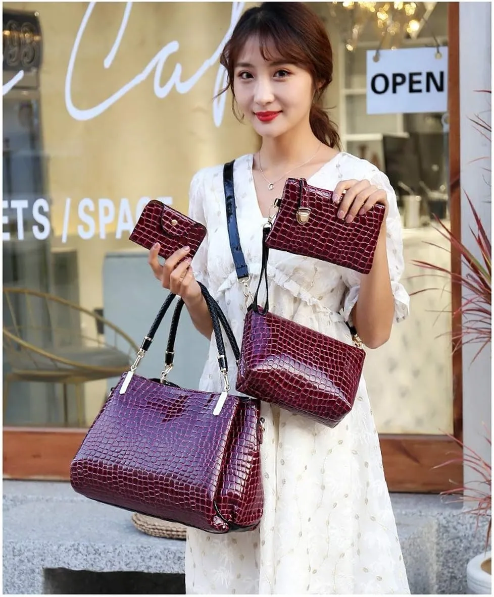 Women's Four-Piece Set Patent Leather Classic Stone Pattern Shoulder Handbag Luxury Lady Tote (Blue)