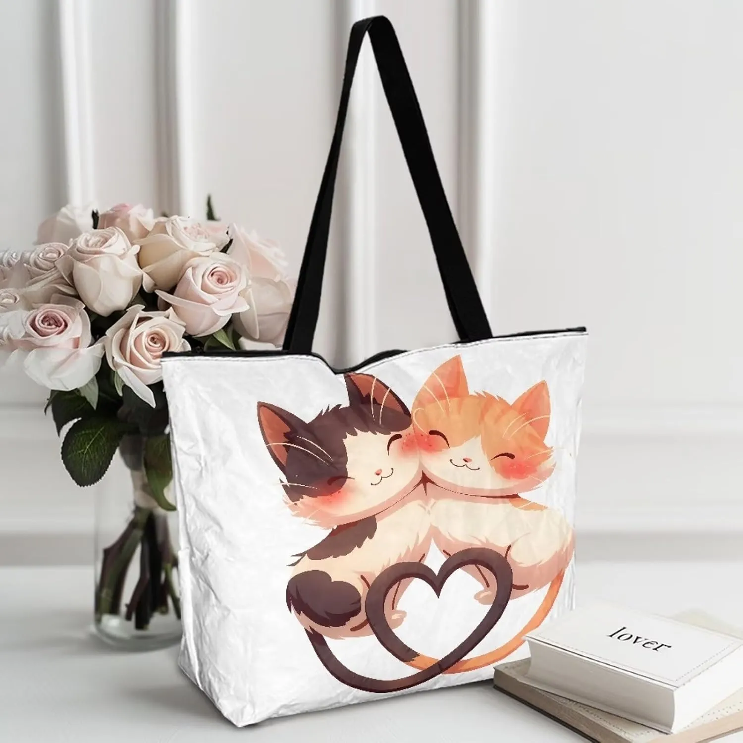 Women's Handbag Large Tote Bag Zipper Closure, Couple Animals Print Eco Friendly Shopping Paper Tote Storage Bag