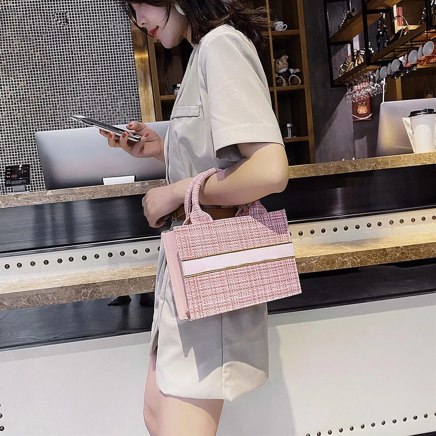 Women's Handbags Fashion Woolen Women Large Capacity Handbags Casual Solid Color Woven Ladies Daily Small Shopping Handbags(Black,Large)