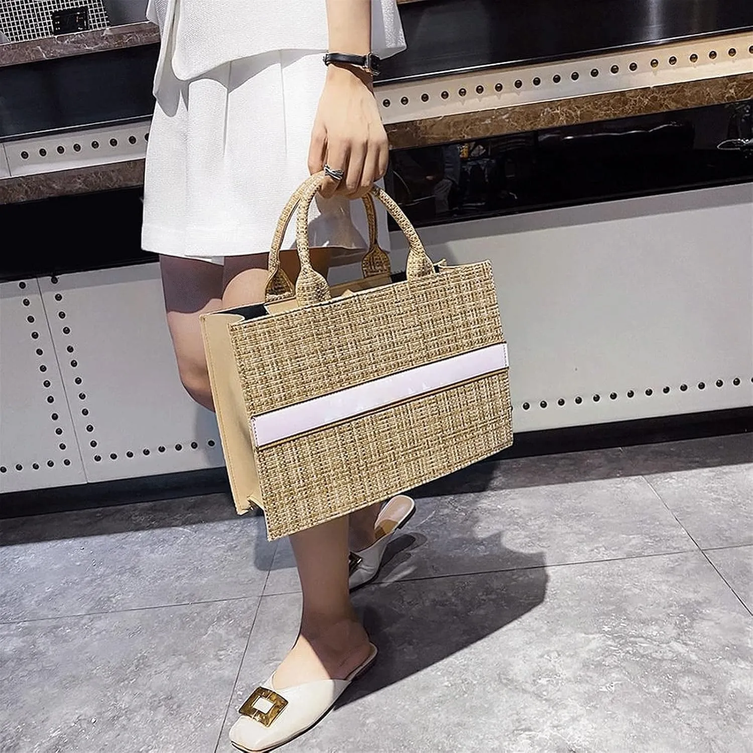 Women's Handbags Fashion Woolen Women Large Capacity Handbags Casual Solid Color Woven Ladies Daily Small Shopping Handbags(Black,Large)
