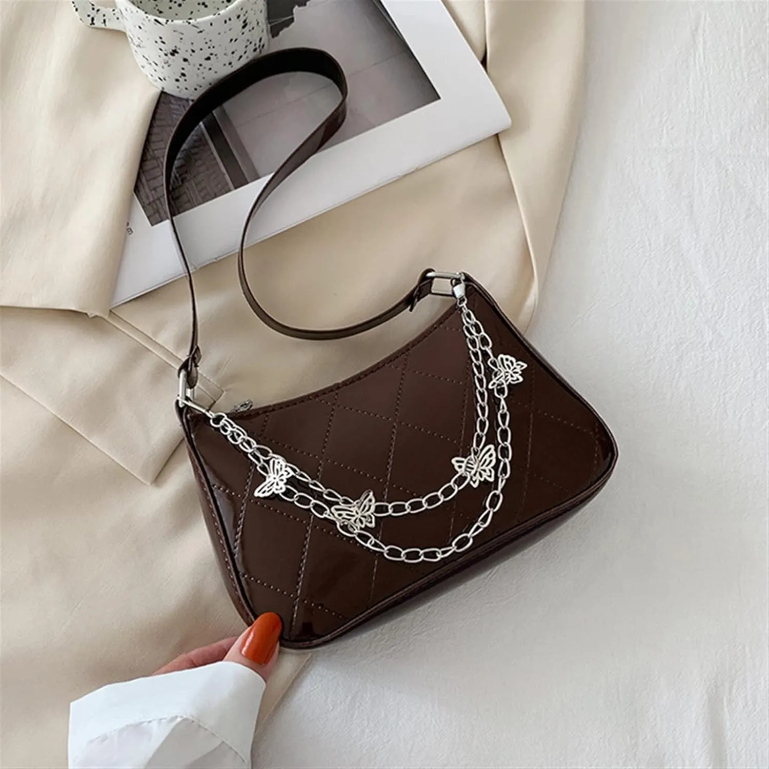 Women's Handbags Shoulder Wrap Messenger Bag Butterfly Chain Solid Color Zippered Handbag Underarm Bag(Brown)