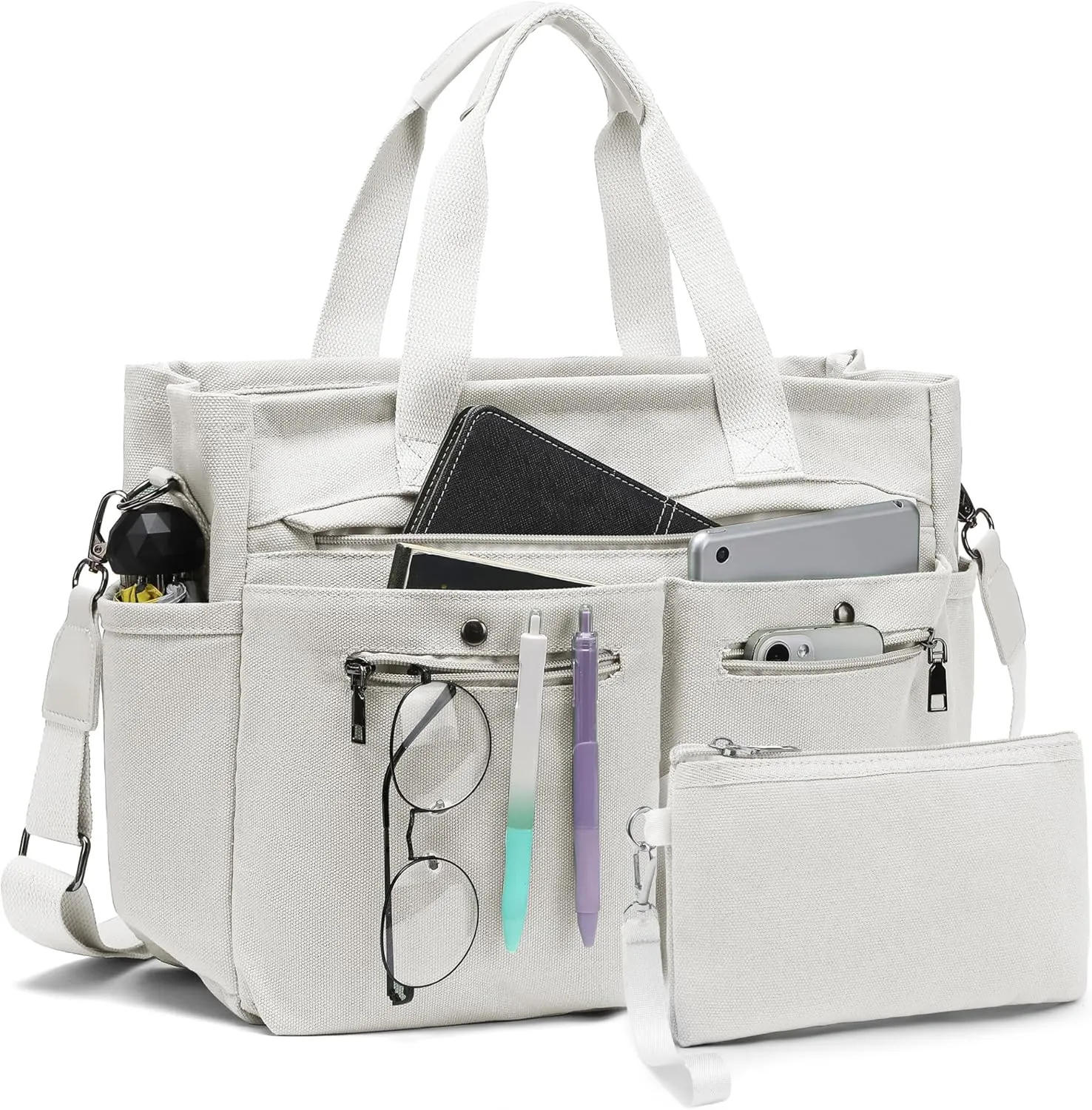 Women's Large Canvas Tote Bag Set (2PCs) - Ideal for Laptop, Hobo, Crossbody, Handbag, Travel, Gym & Work