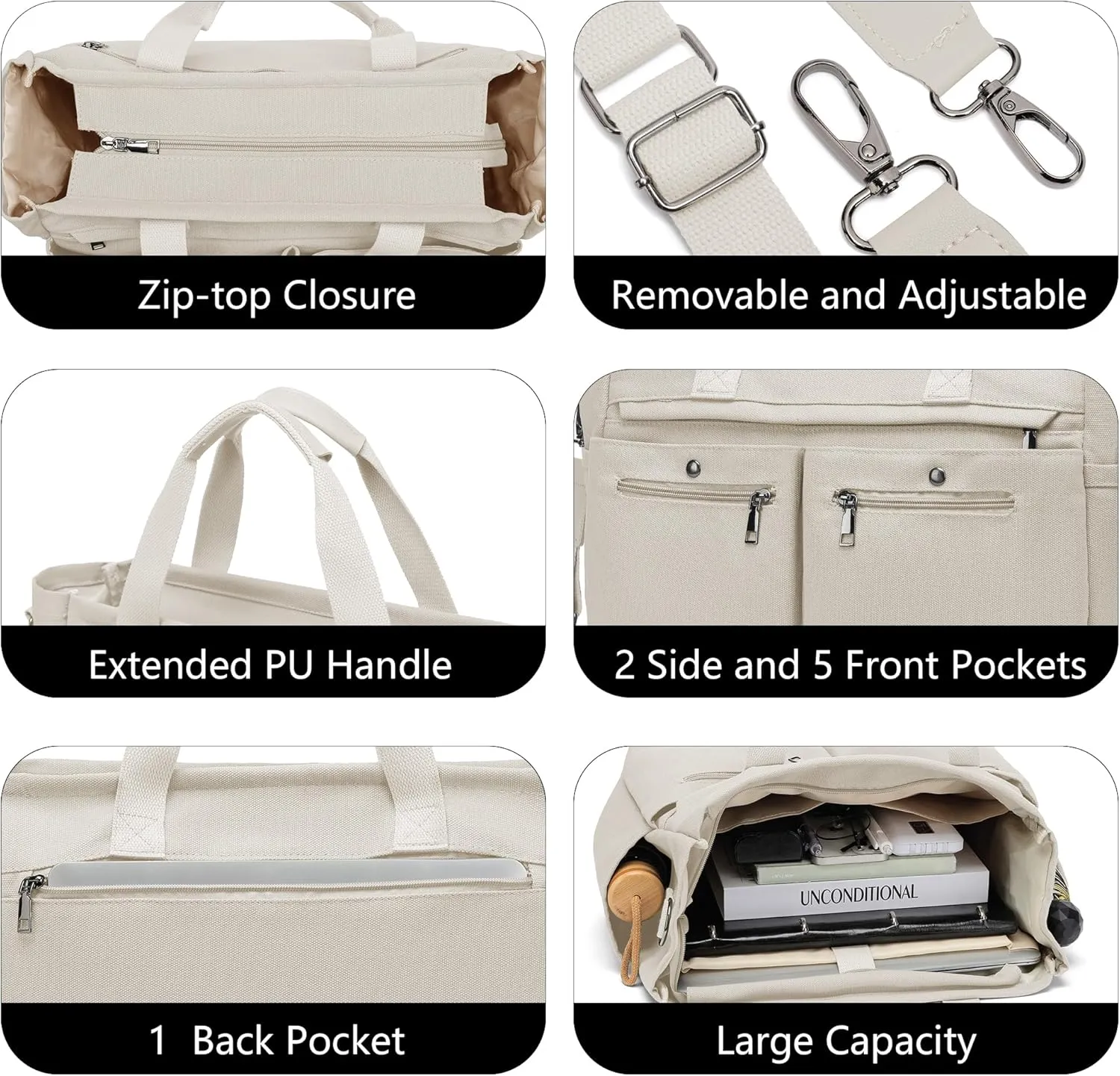 Women's Large Canvas Tote Bag Set (2PCs) - Ideal for Laptop, Hobo, Crossbody, Handbag, Travel, Gym & Work