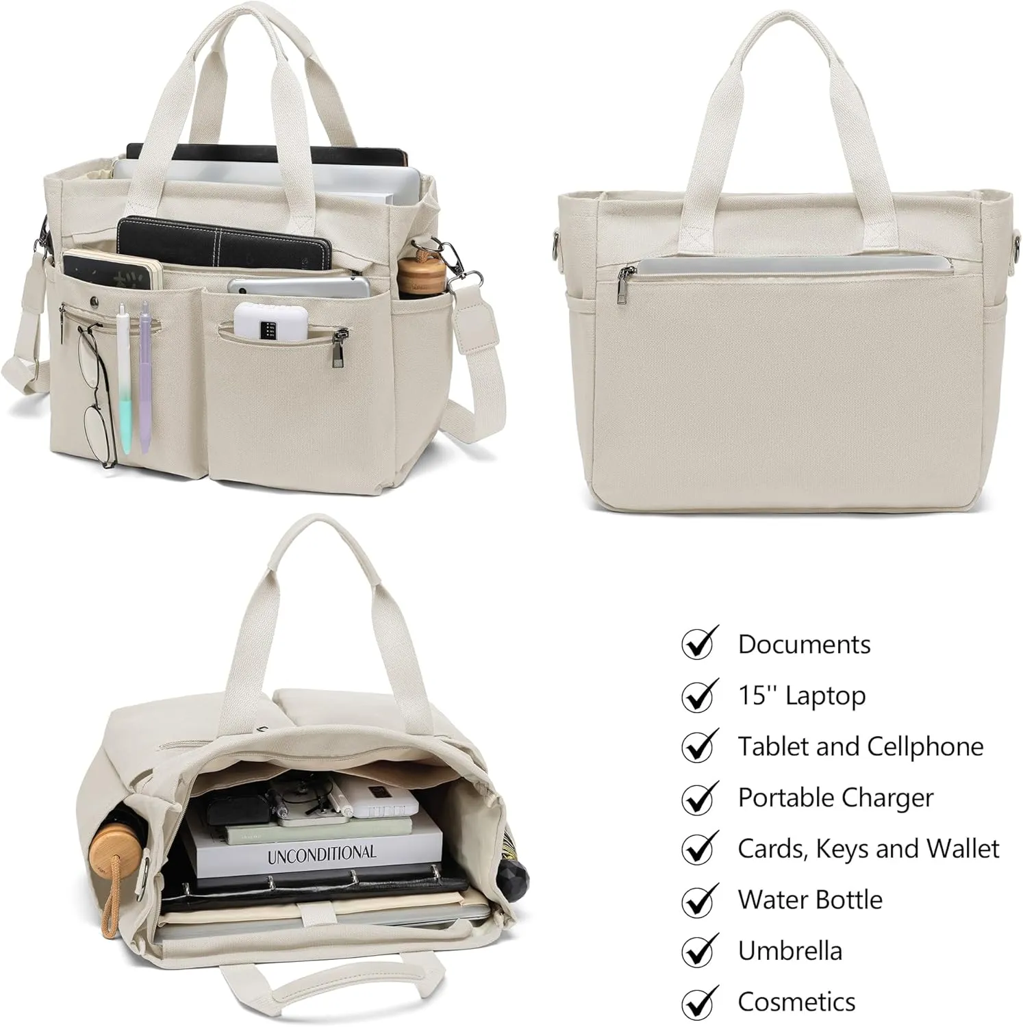 Women's Large Canvas Tote Bag Set (2PCs) - Ideal for Laptop, Hobo, Crossbody, Handbag, Travel, Gym & Work