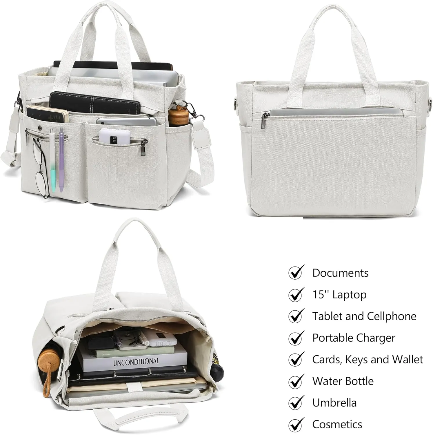 Women's Large Canvas Tote Bag Set (2PCs) - Ideal for Laptop, Hobo, Crossbody, Handbag, Travel, Gym & Work