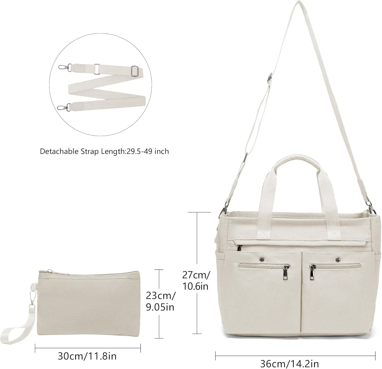 Women's Large Canvas Tote Bag Set (2PCs) - Ideal for Laptop, Hobo, Crossbody, Handbag, Travel, Gym & Work