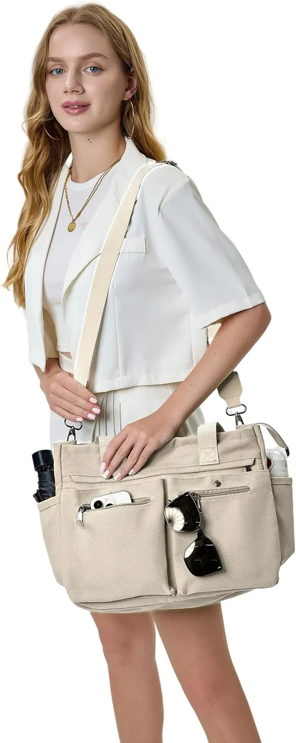Women's Large Canvas Tote Bag Set (2PCs) - Ideal for Laptop, Hobo, Crossbody, Handbag, Travel, Gym & Work