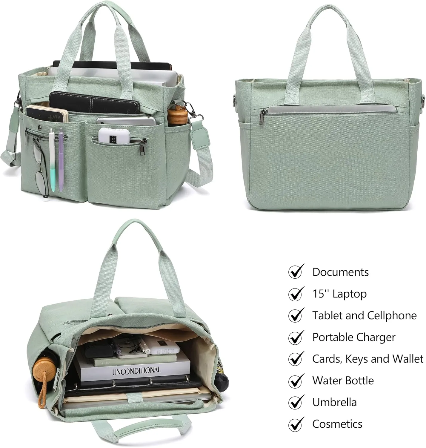 Women's Large Canvas Tote Bag Set (2PCs) - Ideal for Laptop, Hobo, Crossbody, Handbag, Travel, Gym & Work