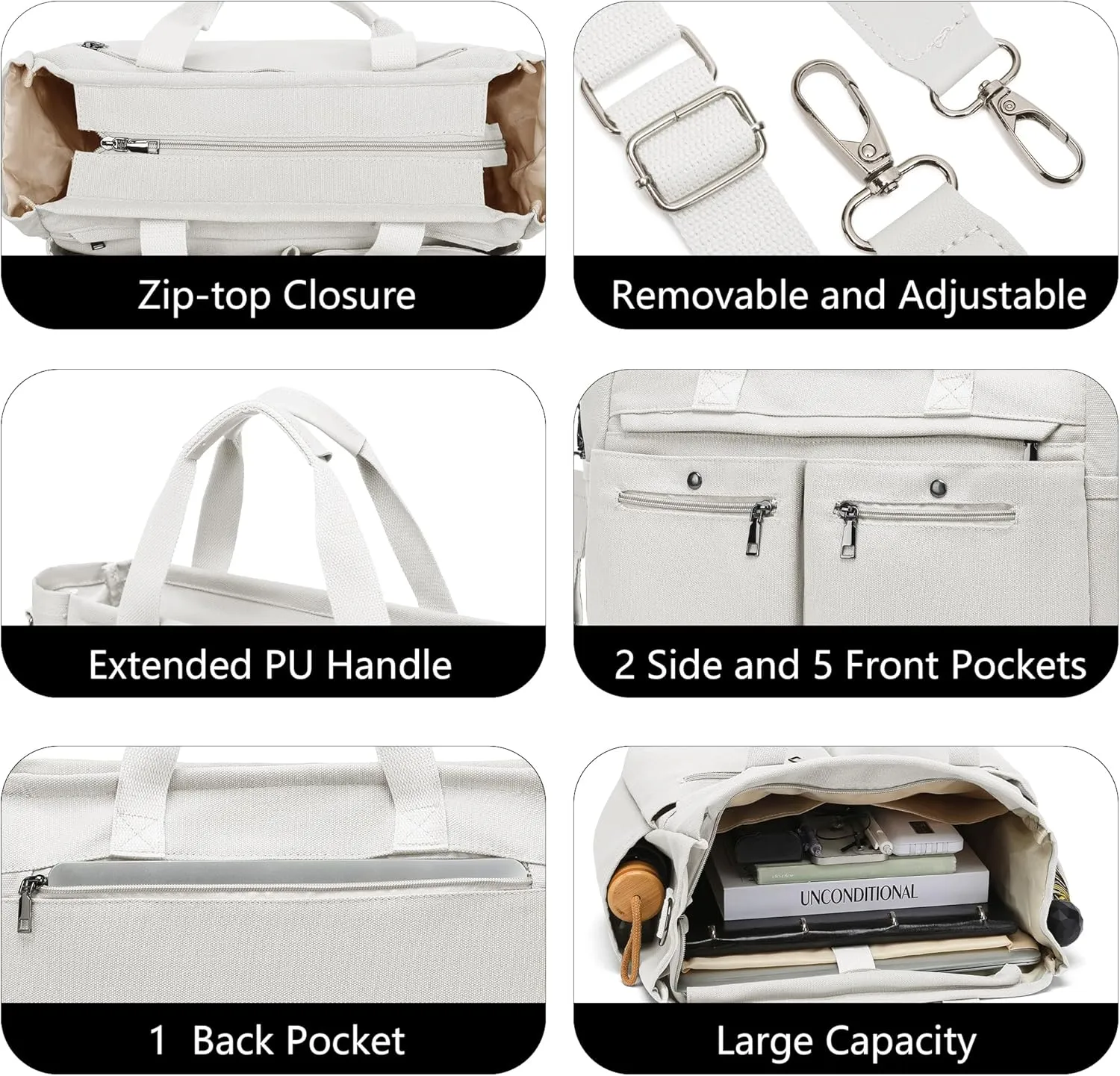 Women's Large Canvas Tote Bag Set (2PCs) - Ideal for Laptop, Hobo, Crossbody, Handbag, Travel, Gym & Work