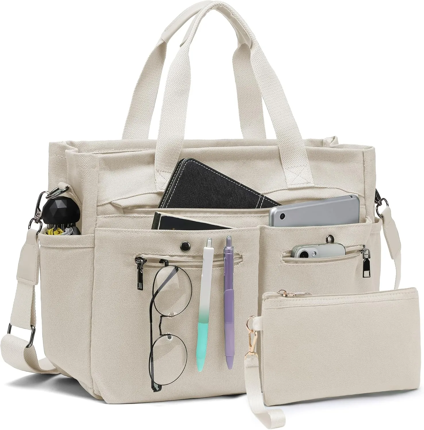 Women's Large Canvas Tote Bag Set (2PCs) - Ideal for Laptop, Hobo, Crossbody, Handbag, Travel, Gym & Work