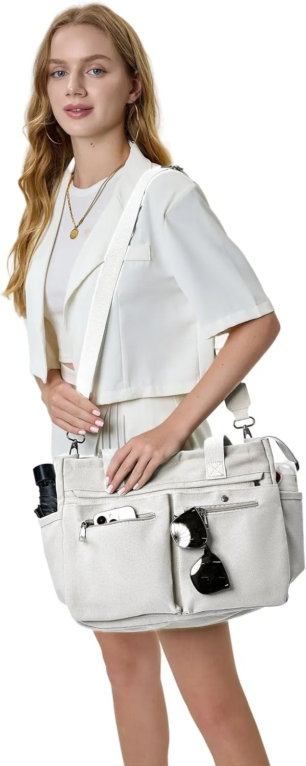 Women's Large Canvas Tote Bag Set (2PCs) - Ideal for Laptop, Hobo, Crossbody, Handbag, Travel, Gym & Work