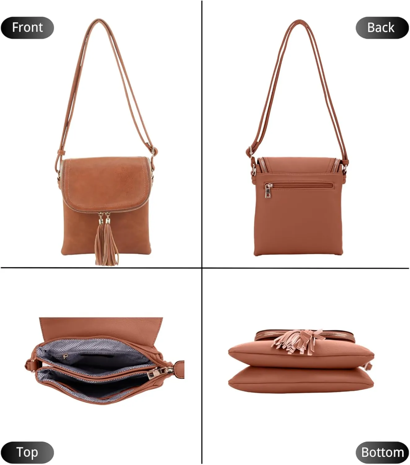 Women's Multi Compartment Magnetic Closure Flap Crossbody with Tassel Zipper