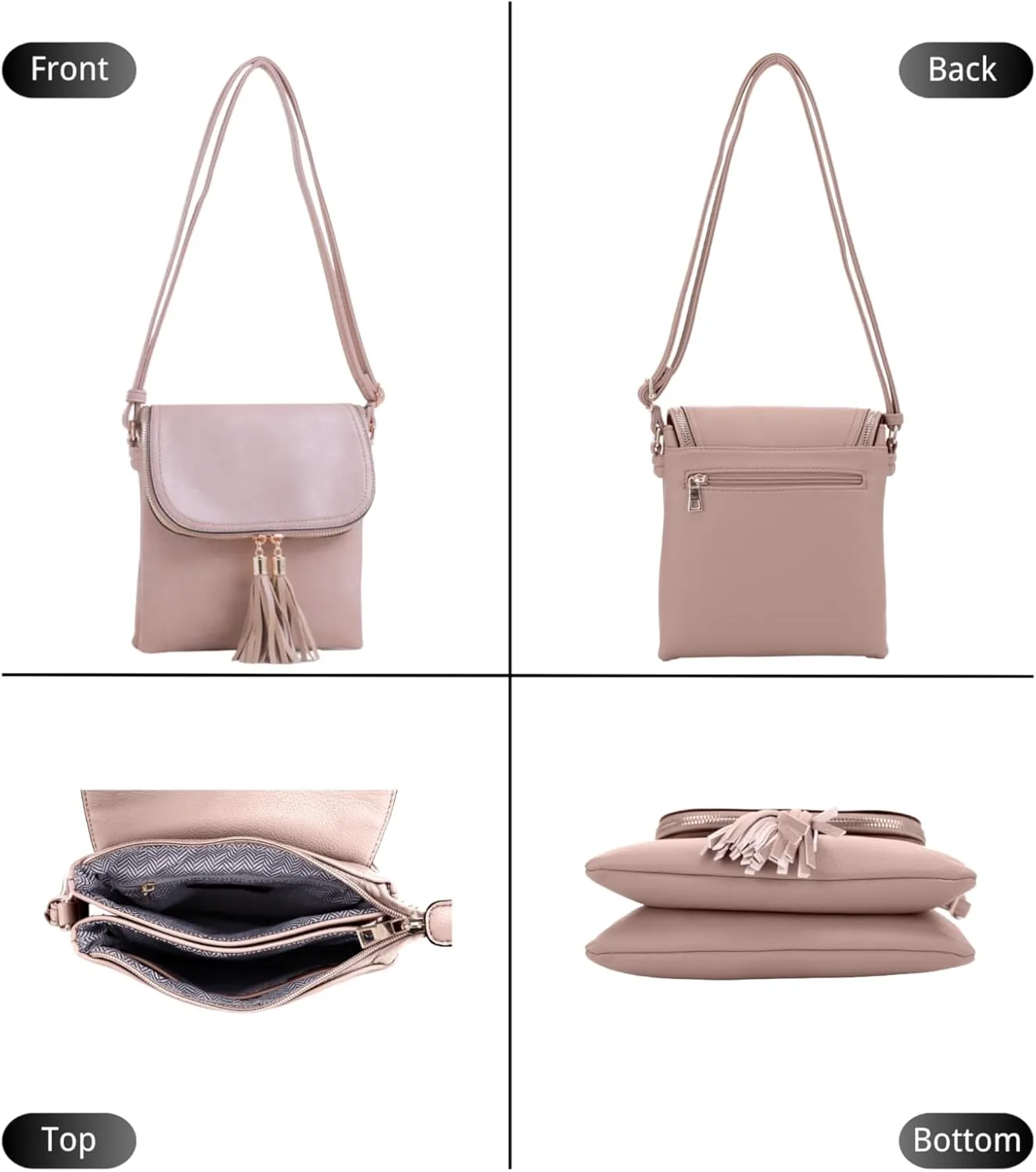 Women's Multi Compartment Magnetic Closure Flap Crossbody with Tassel Zipper
