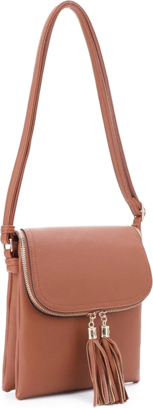 Women's Multi Compartment Magnetic Closure Flap Crossbody with Tassel Zipper