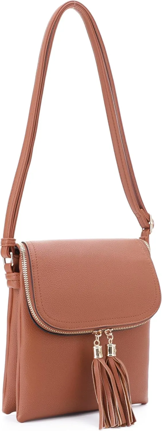 Women's Multi Compartment Magnetic Closure Flap Crossbody with Tassel Zipper
