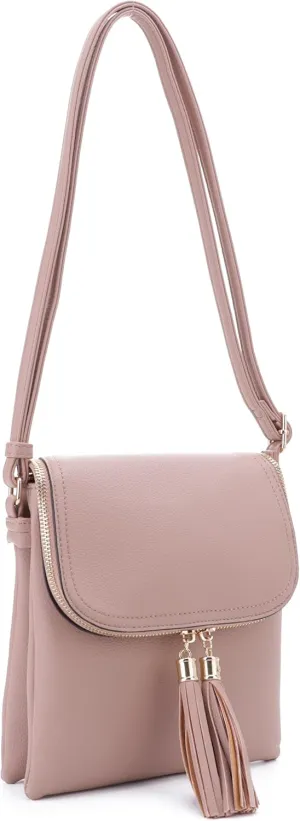 Women's Multi Compartment Magnetic Closure Flap Crossbody with Tassel Zipper
