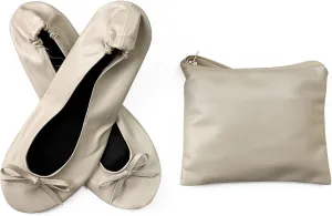 Women's Portable Ballet Flats, Bowknot Rollable Soft Sole Wedding Flat Shoes, Comfy Dancing Flat Shoes with Purse Bag