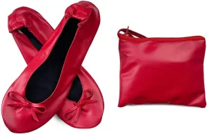 Women's Portable Ballet Flats, Bowknot Rollable Soft Sole Wedding Flat Shoes, Comfy Dancing Flat Shoes with Purse Bag