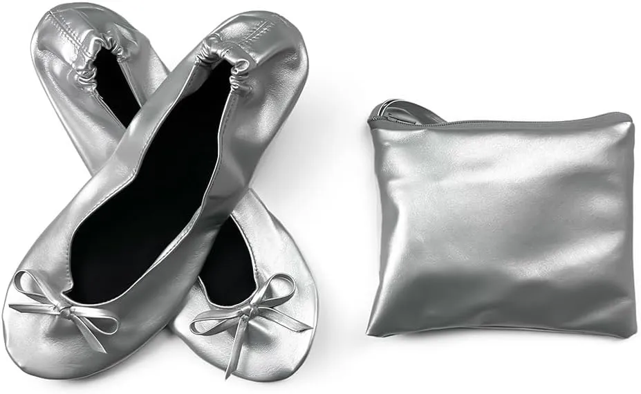 Women's Portable Ballet Flats, Bowknot Rollable Soft Sole Wedding Flat Shoes, Comfy Dancing Flat Shoes with Purse Bag
