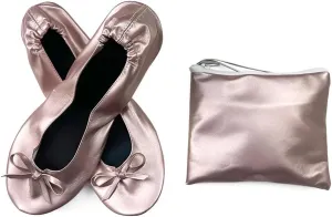 Women's Portable Ballet Flats, Bowknot Rollable Soft Sole Wedding Flat Shoes, Comfy Dancing Flat Shoes with Purse Bag