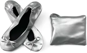Women's Portable Ballet Flats, Bowknot Rollable Soft Sole Wedding Flat Shoes, Comfy Dancing Flat Shoes with Purse Bag