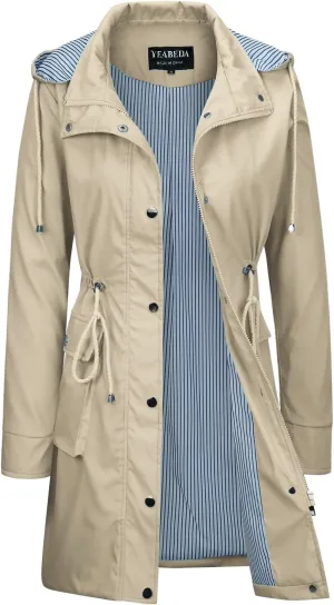 Womens Rain Trench Coat Waterproof with Hood Lightweight Raincoat Long Trench Raincoat Striped Lined Rain Jackets