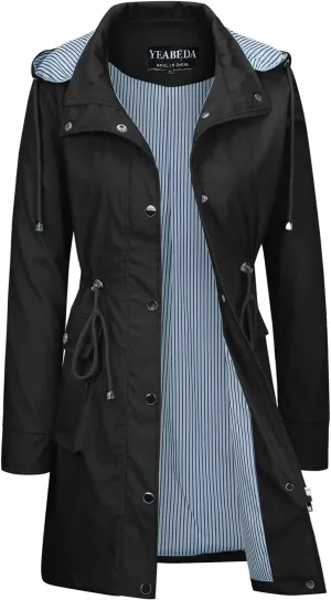 Womens Rain Trench Coat Waterproof with Hood Lightweight Raincoat Long Trench Raincoat Striped Lined Rain Jackets