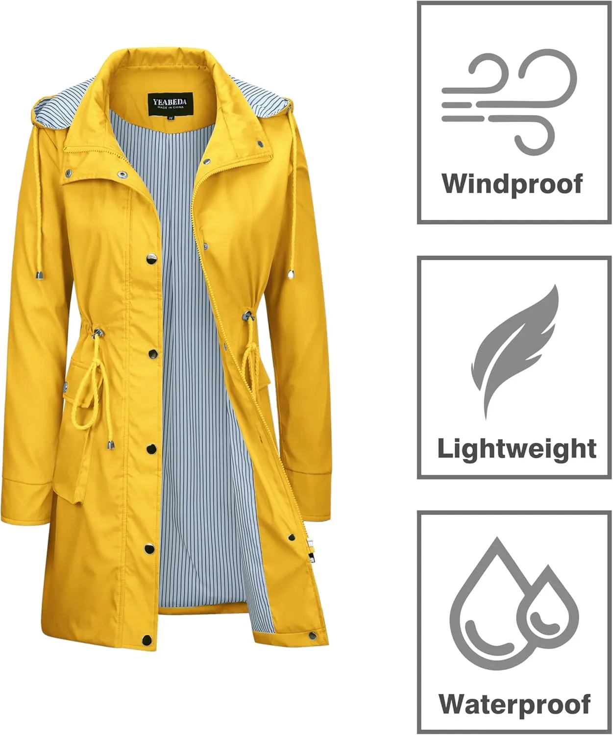Womens Rain Trench Coat Waterproof with Hood Lightweight Raincoat Long Trench Raincoat Striped Lined Rain Jackets