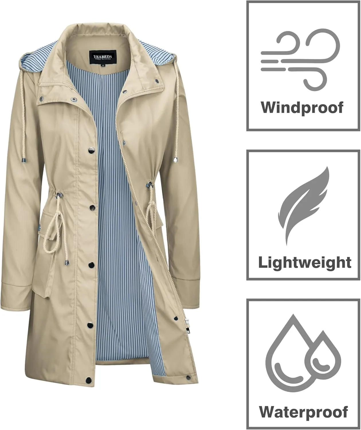 Womens Rain Trench Coat Waterproof with Hood Lightweight Raincoat Long Trench Raincoat Striped Lined Rain Jackets