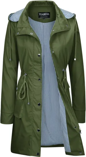 Womens Rain Trench Coat Waterproof with Hood Lightweight Raincoat Long Trench Raincoat Striped Lined Rain Jackets