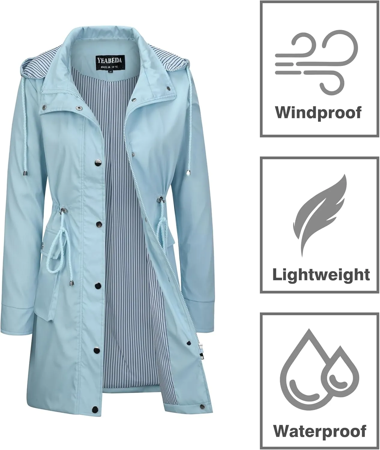 Womens Rain Trench Coat Waterproof with Hood Lightweight Raincoat Long Trench Raincoat Striped Lined Rain Jackets