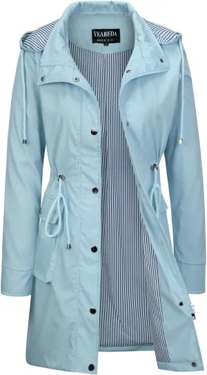 Womens Rain Trench Coat Waterproof with Hood Lightweight Raincoat Long Trench Raincoat Striped Lined Rain Jackets