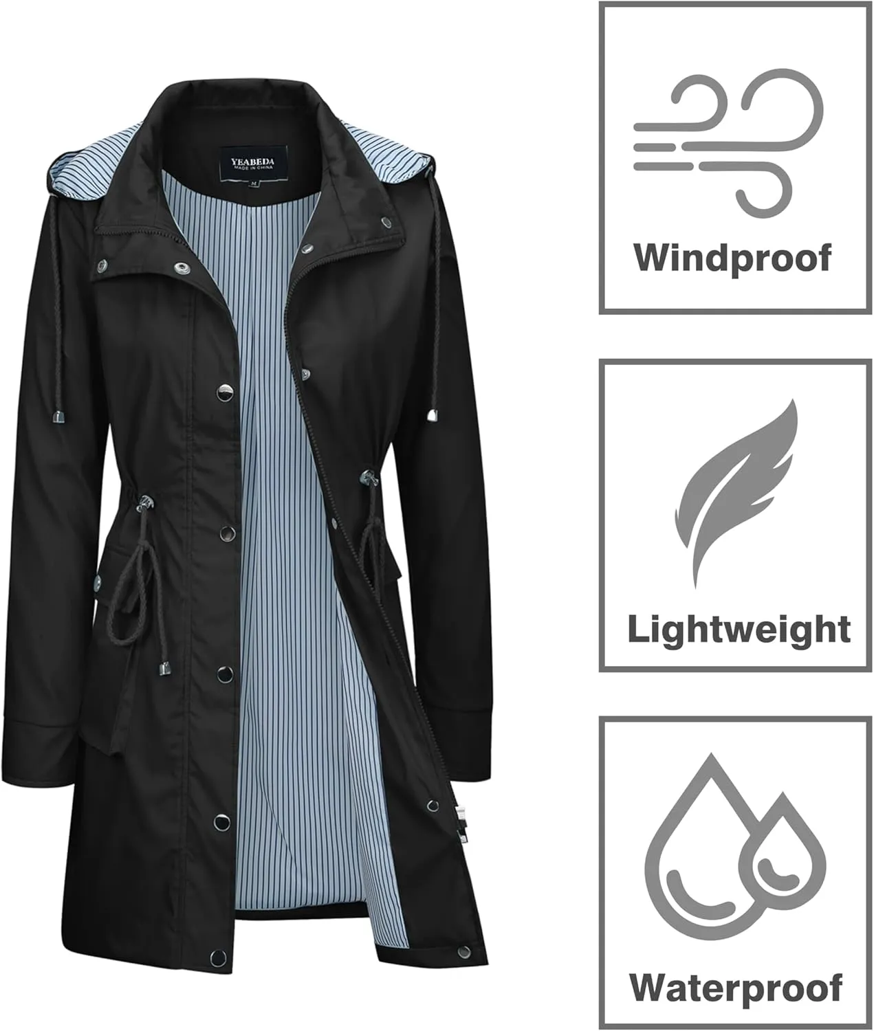 Womens Rain Trench Coat Waterproof with Hood Lightweight Raincoat Long Trench Raincoat Striped Lined Rain Jackets