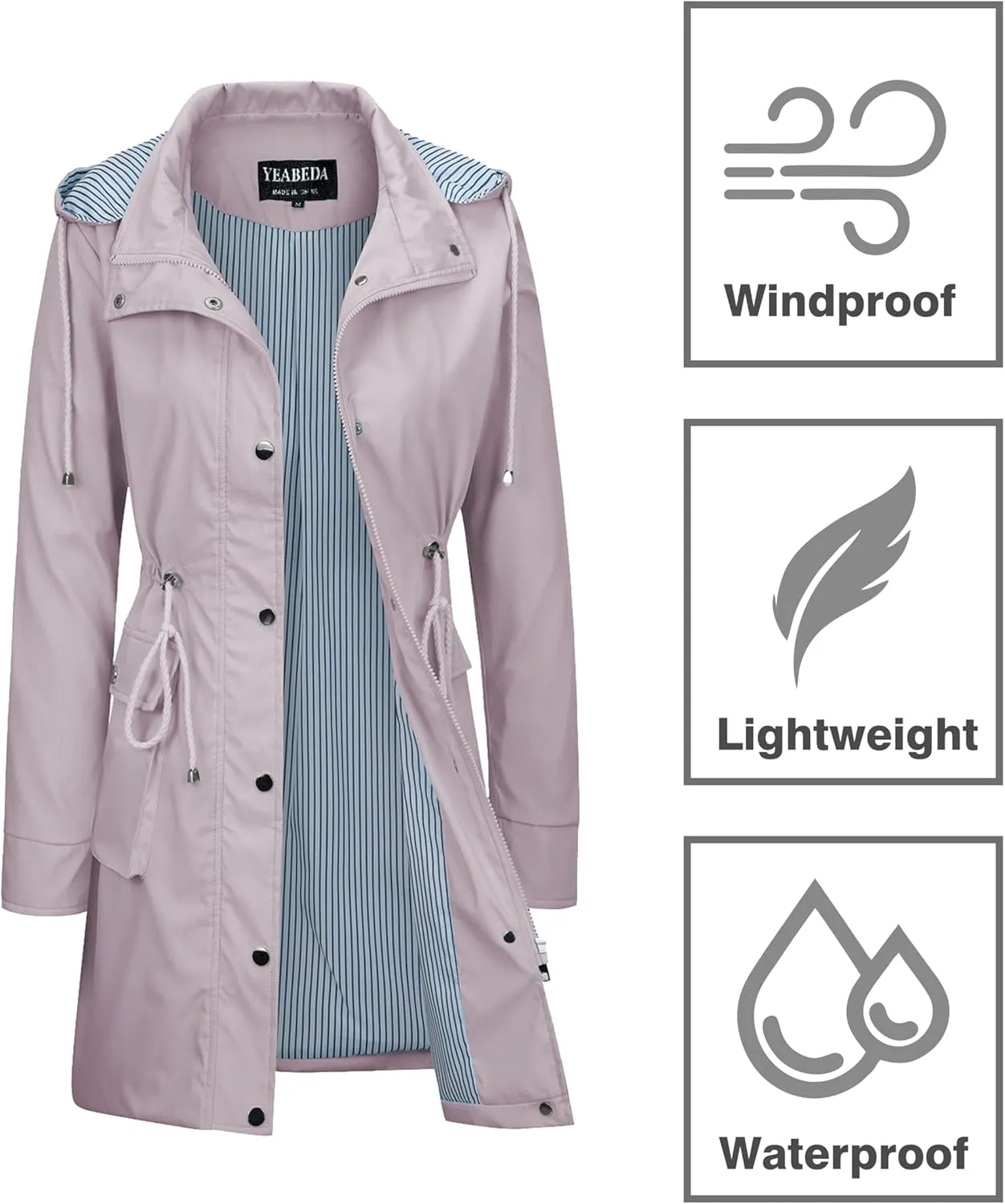 Womens Rain Trench Coat Waterproof with Hood Lightweight Raincoat Long Trench Raincoat Striped Lined Rain Jackets