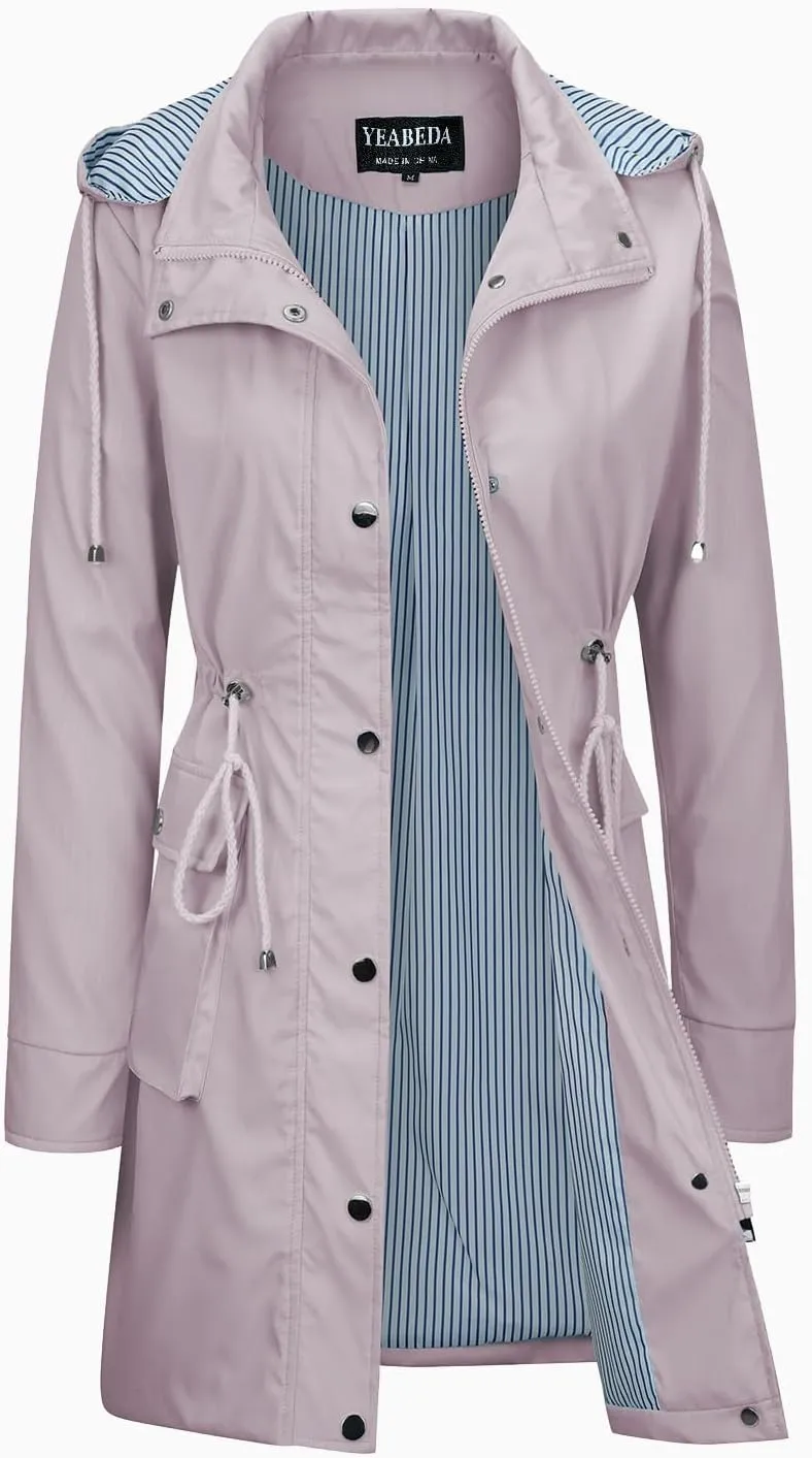 Womens Rain Trench Coat Waterproof with Hood Lightweight Raincoat Long Trench Raincoat Striped Lined Rain Jackets