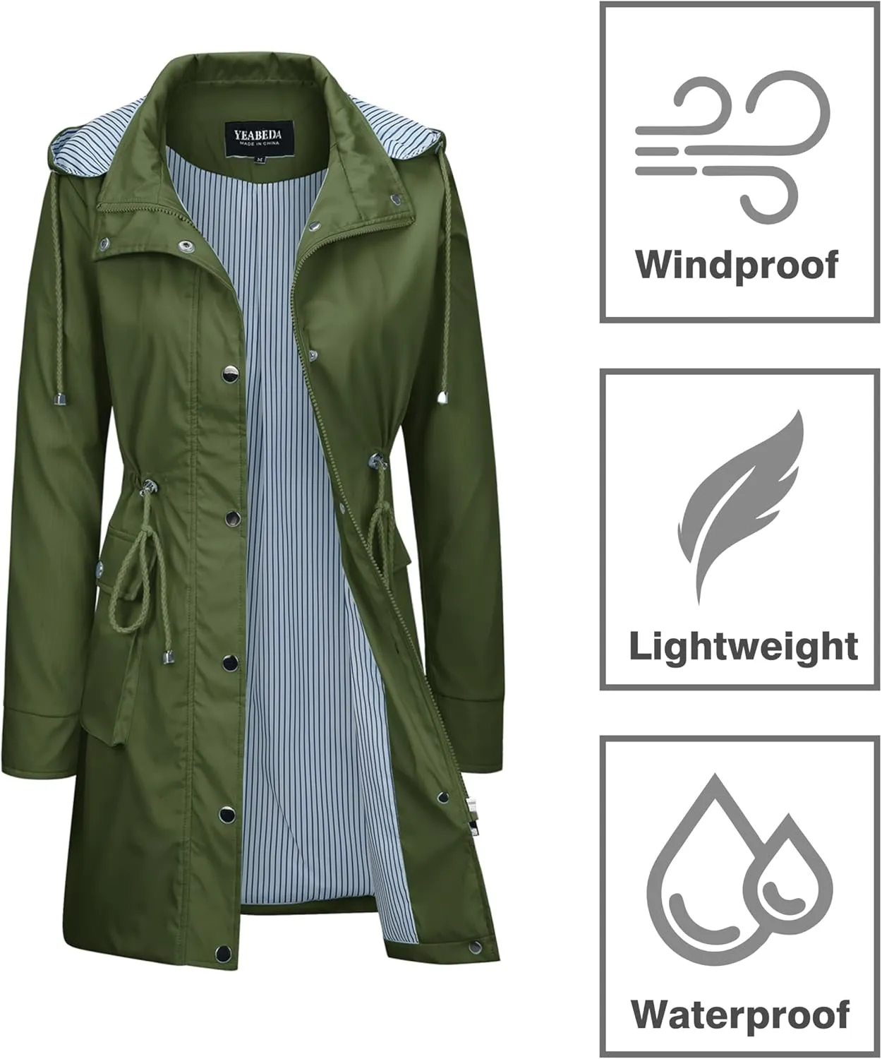 Womens Rain Trench Coat Waterproof with Hood Lightweight Raincoat Long Trench Raincoat Striped Lined Rain Jackets