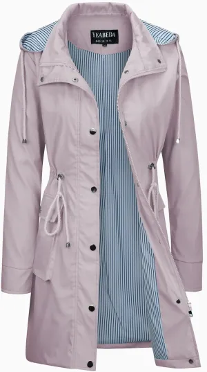 Womens Rain Trench Coat Waterproof with Hood Lightweight Raincoat Long Trench Raincoat Striped Lined Rain Jackets