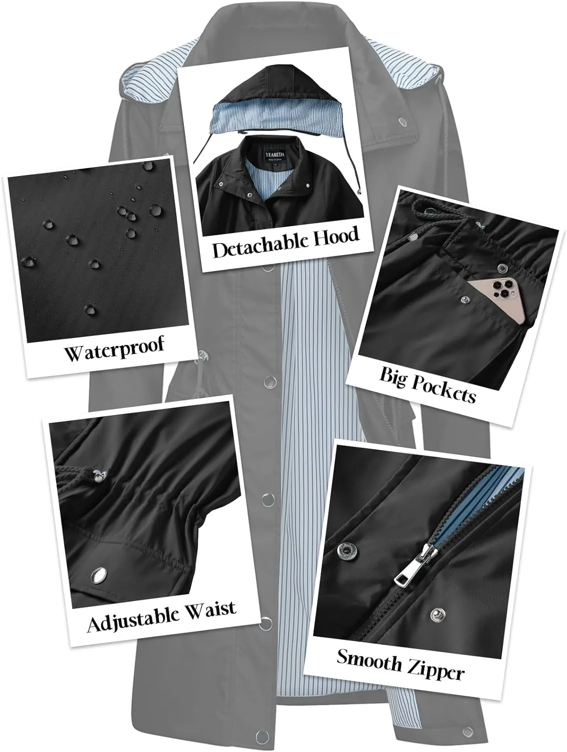 Womens Rain Trench Coat Waterproof with Hood Lightweight Raincoat Long Trench Raincoat Striped Lined Rain Jackets
