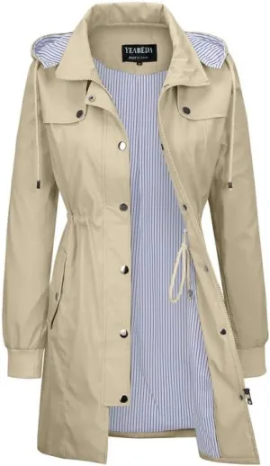 Womens Raincoat Waterproof with Hood Lightweight Windbreaker Rain Jacket Trench Coats Striped Lined