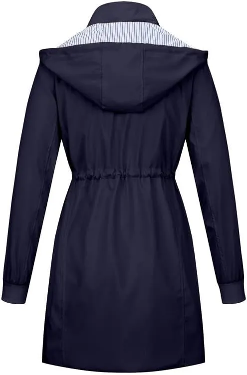 Womens Raincoat Waterproof with Hood Lightweight Windbreaker Rain Jacket Trench Coats Striped Lined