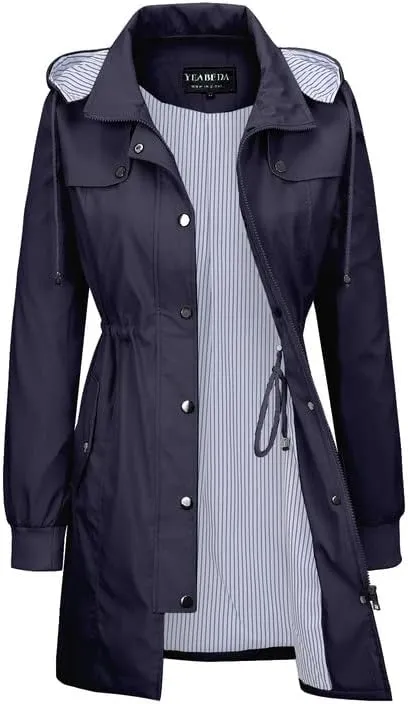 Womens Raincoat Waterproof with Hood Lightweight Windbreaker Rain Jacket Trench Coats Striped Lined