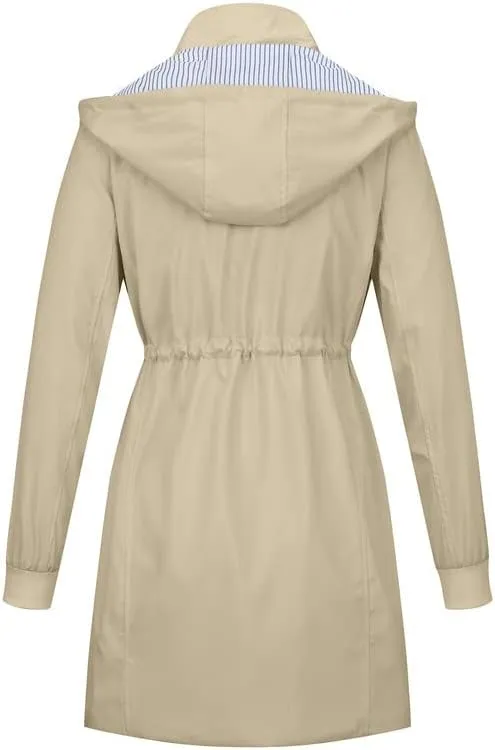 Womens Raincoat Waterproof with Hood Lightweight Windbreaker Rain Jacket Trench Coats Striped Lined