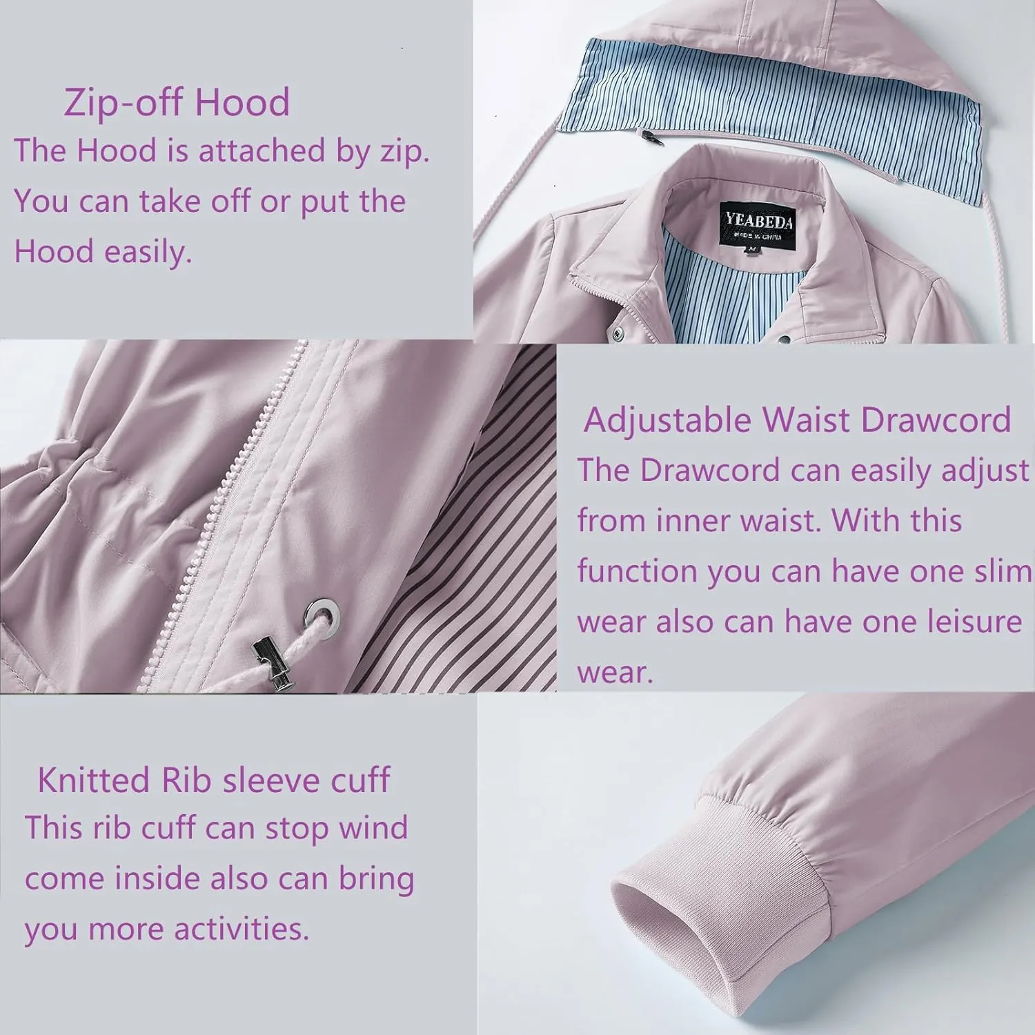 Womens Raincoat Waterproof with Hood Lightweight Windbreaker Rain Jacket Trench Coats Striped Lined